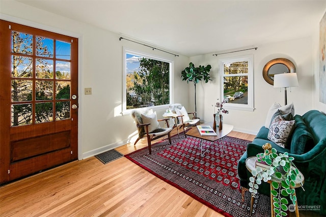 sitting room with hardwood / wood-style floors and a wealth of natural light