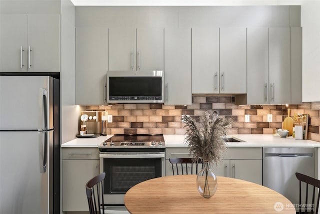 4407 42nd Ave SW Unit D, Seattle, WA 98116 - kitchen featuring light countertops, decorative backsplash, gray cabinetry, and stainless steel appliances