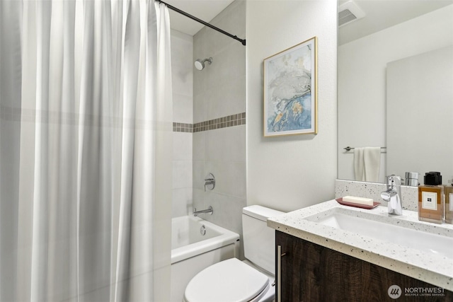 4407 42nd Ave SW Unit D, Seattle, WA 98116 - bathroom with vanity, shower / bath combination with curtain, toilet, and visible vents