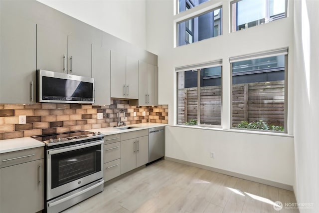 4407 42nd Ave SW Unit D, Seattle, WA 98116 - kitchen featuring light countertops, stainless steel appliances, gray cabinetry, and a sink