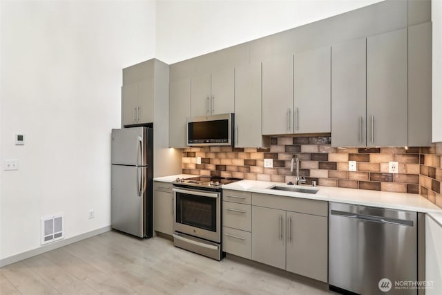 4407 42nd Ave SW Unit D, Seattle, WA 98116 - kitchen with visible vents, light countertops, a sink, appliances with stainless steel finishes, and gray cabinetry