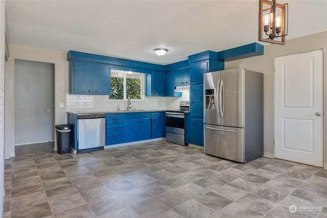 kitchen with stainless steel appliances, sink, blue cabinets, and backsplash