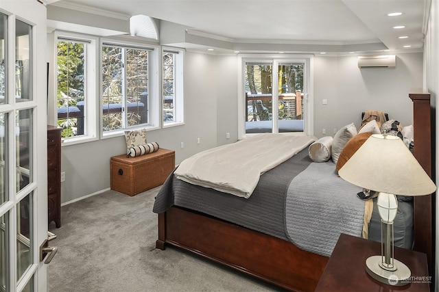 carpeted bedroom with recessed lighting, baseboards, access to outside, ornamental molding, and a wall mounted AC