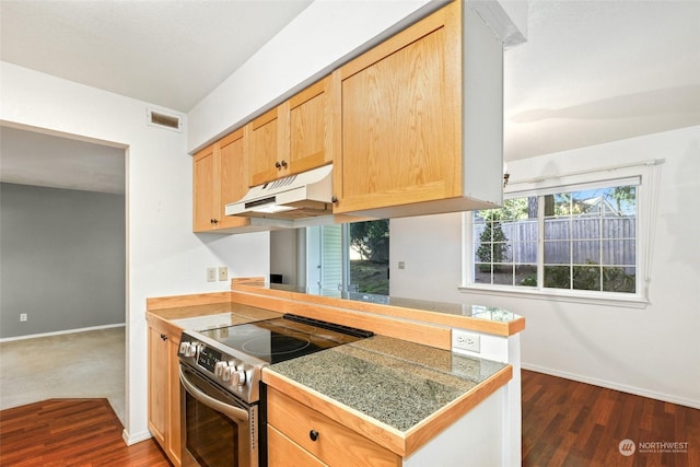 kitchen with dark hardwood / wood-style floors, stainless steel range with electric cooktop, kitchen peninsula, and light brown cabinets