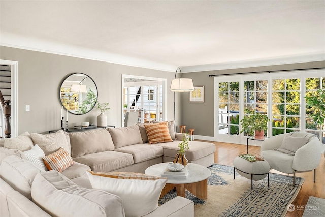 living room with hardwood / wood-style flooring and ornamental molding