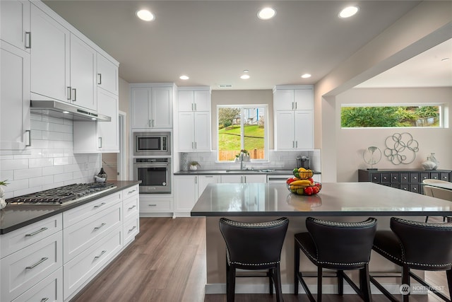 kitchen featuring dark countertops, under cabinet range hood, a kitchen bar, appliances with stainless steel finishes, and a sink