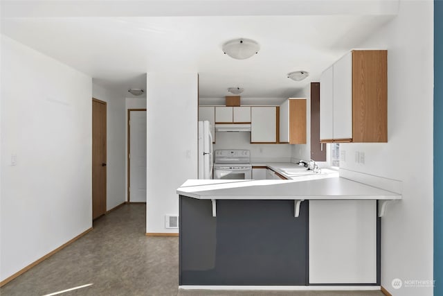 kitchen with a breakfast bar, sink, white cabinets, kitchen peninsula, and white appliances