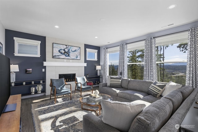 living room with dark wood-type flooring and a fireplace