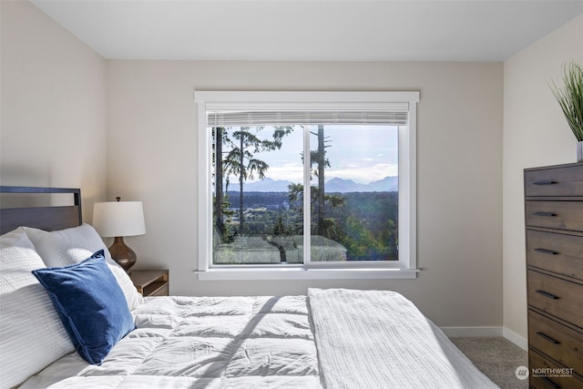 carpeted bedroom with multiple windows and a mountain view