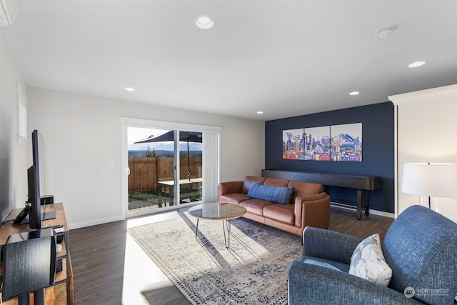 living room featuring dark wood-type flooring