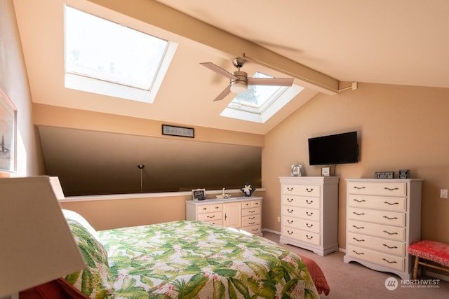 bedroom with ceiling fan, light carpet, and vaulted ceiling with beams