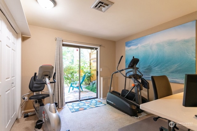 workout room featuring carpet