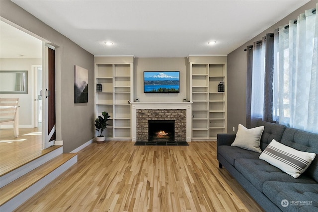 living room featuring a healthy amount of sunlight, a fireplace, and light hardwood / wood-style floors