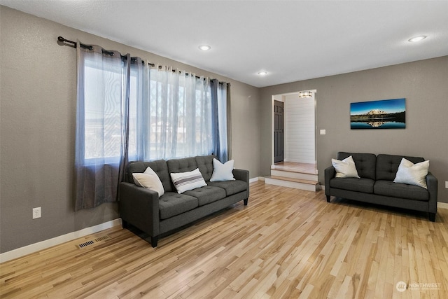 living room featuring a healthy amount of sunlight and light hardwood / wood-style flooring