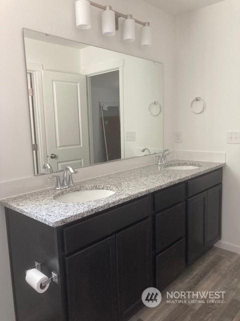 bathroom featuring vanity and hardwood / wood-style floors