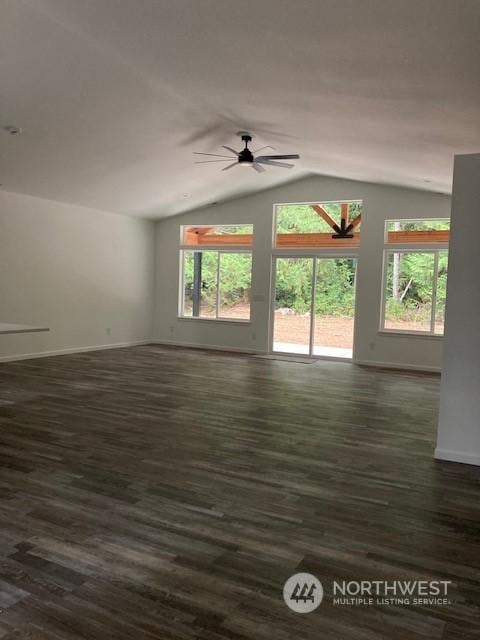 unfurnished living room with ceiling fan, lofted ceiling, and dark hardwood / wood-style floors