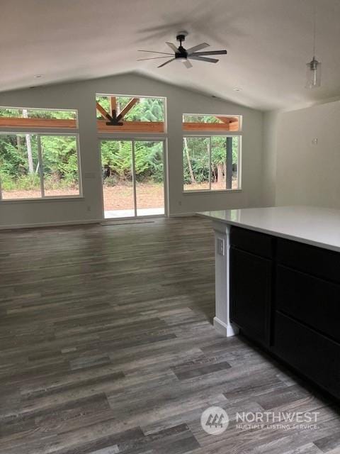 interior space featuring lofted ceiling, dark wood-type flooring, and ceiling fan