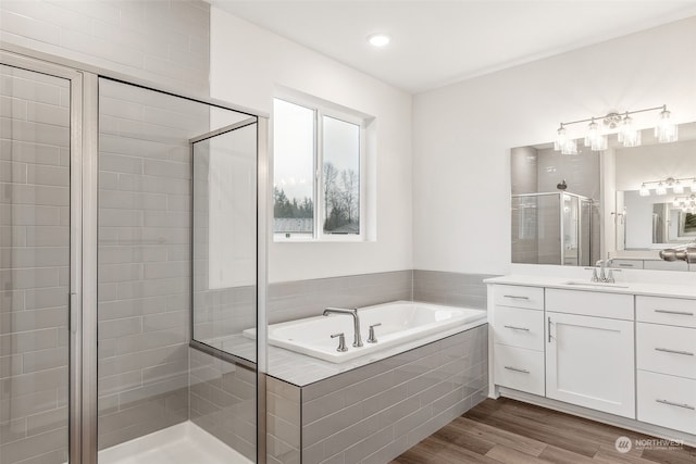 bathroom with wood-type flooring, plus walk in shower, and vanity