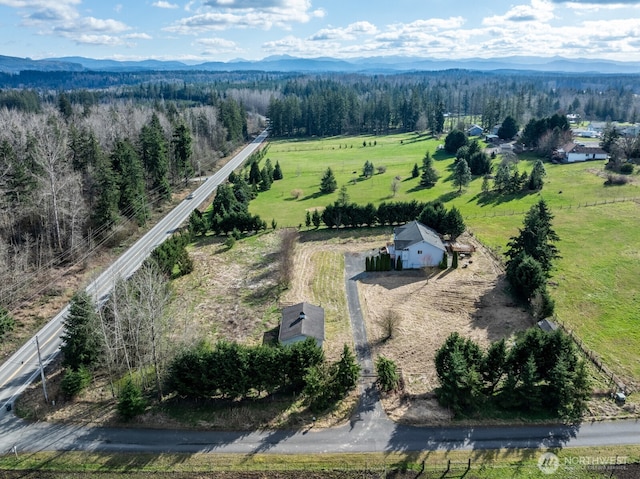 birds eye view of property with a rural view, a mountain view, and a view of trees