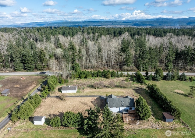 drone / aerial view with a mountain view and a view of trees