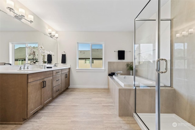 bathroom featuring vanity, a wealth of natural light, independent shower and bath, and wood-type flooring