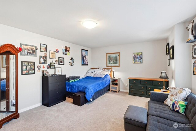 bedroom featuring light carpet