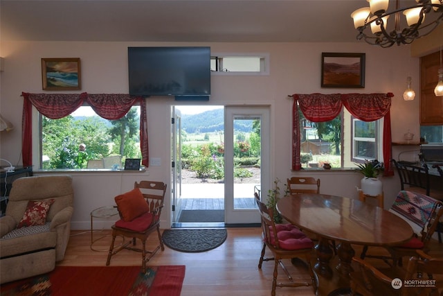 dining space featuring plenty of natural light, wood-type flooring, and a notable chandelier