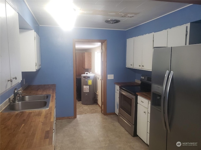 kitchen featuring sink, stainless steel appliances, water heater, and white cabinets