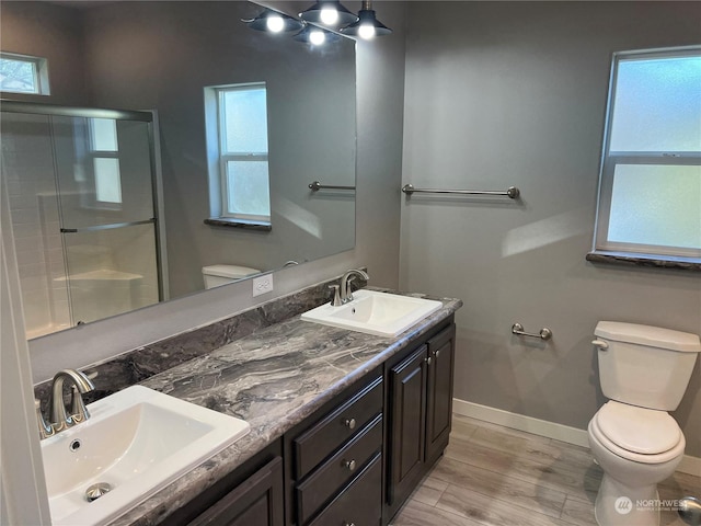 bathroom with vanity, toilet, and a shower with shower door