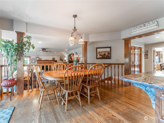 dining room featuring ceiling fan and light wood-type flooring