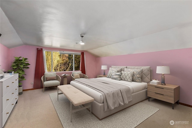 carpeted bedroom with lofted ceiling and ceiling fan