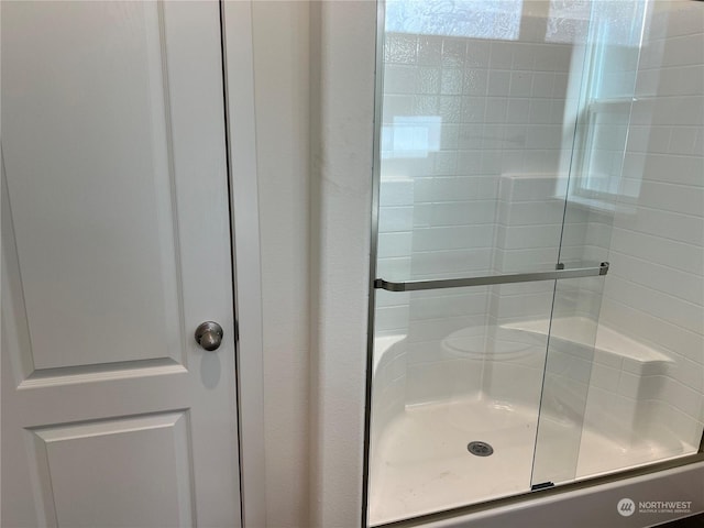 bathroom featuring a shower with shower door