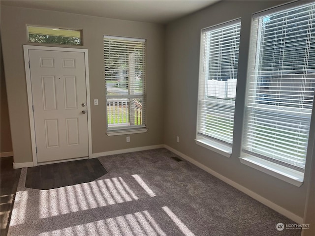 entrance foyer with dark colored carpet and a wealth of natural light