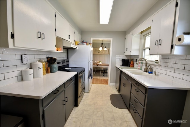 kitchen with stainless steel appliances, sink, decorative backsplash, and white cabinets