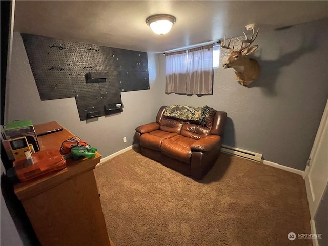 sitting room with carpet flooring and baseboard heating