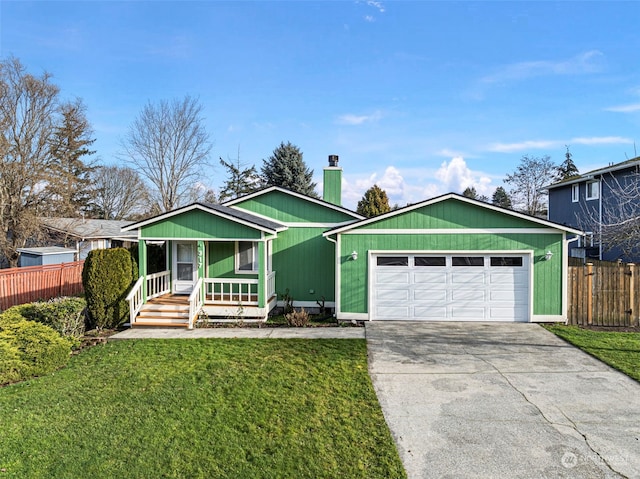 ranch-style home featuring a garage, a front yard, and a porch