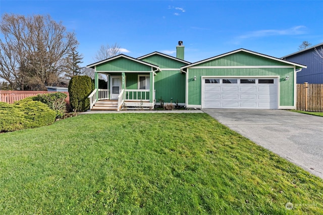 ranch-style home with a garage, a front yard, and a porch