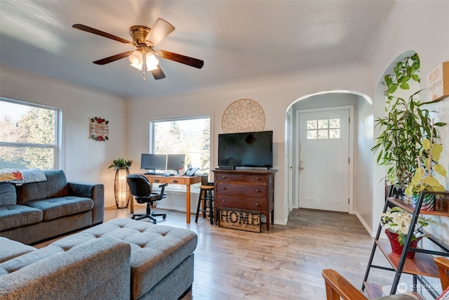 living room featuring plenty of natural light, ceiling fan, and light wood-type flooring