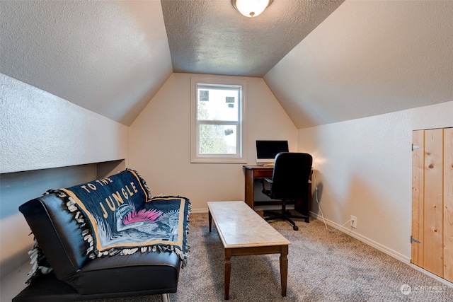 carpeted office featuring lofted ceiling and a textured ceiling