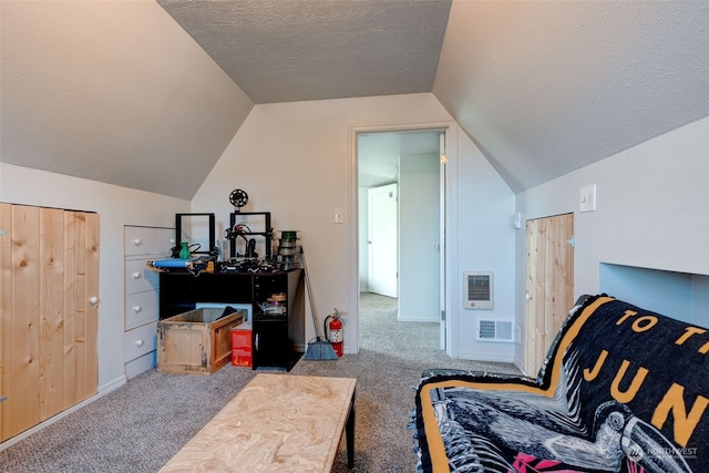 sitting room with lofted ceiling, carpet floors, and a textured ceiling