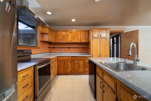 kitchen with crown molding, appliances with stainless steel finishes, sink, and light tile patterned floors