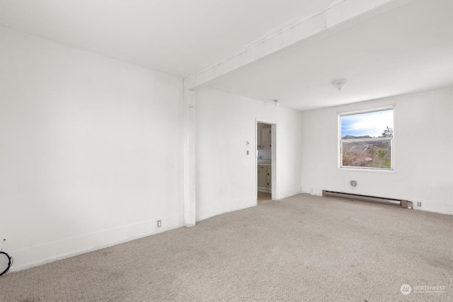 carpeted empty room featuring beamed ceiling and baseboard heating