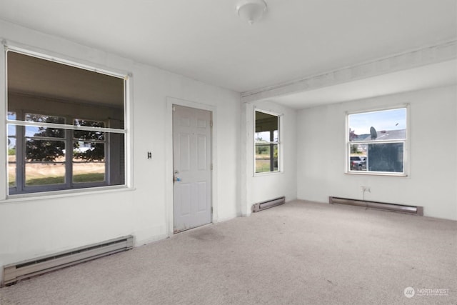 carpeted spare room featuring a baseboard radiator