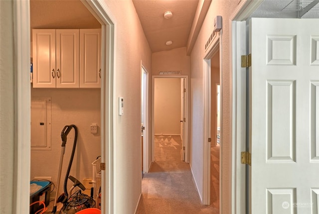 corridor featuring light colored carpet and electric panel