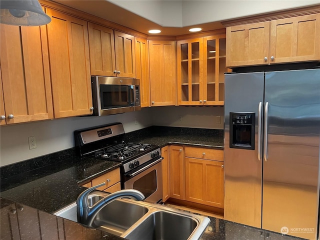 kitchen with sink, stainless steel appliances, and dark stone counters