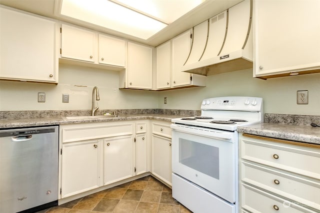 kitchen with sink, dishwasher, white range with electric stovetop, range hood, and white cabinets