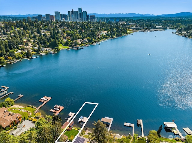 bird's eye view featuring a water and mountain view