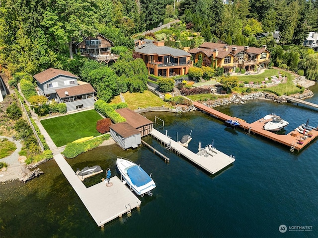 aerial view featuring a water view