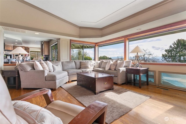 living room with crown molding and light wood-type flooring