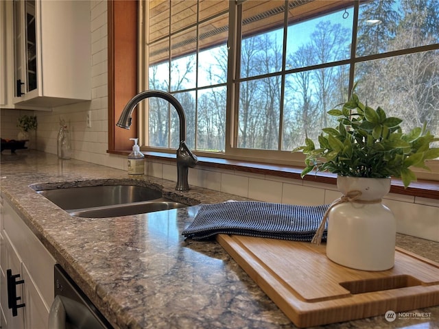 interior details featuring sink, decorative backsplash, and white cabinets